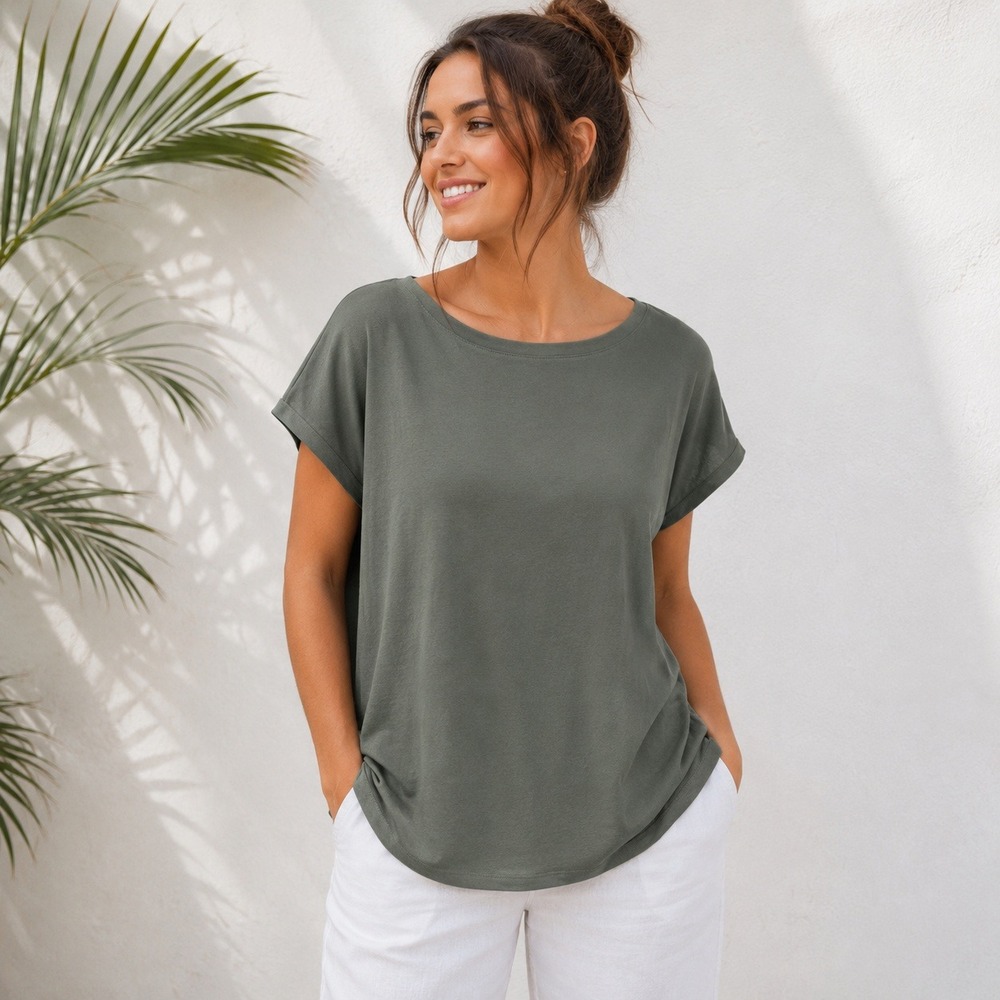 Chico's Olive Green‎ Short Sleeve Crew Neck Stretch Top Size 2 NEW
